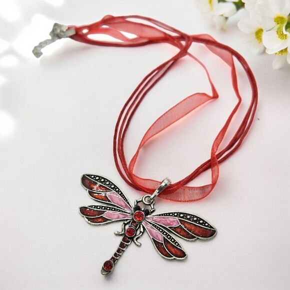 Red Dragonfly Rhinestone Enamel Pendant Ribbon Cord Necklace Fairy Kawaii Whimsy - Picture 8 of 8